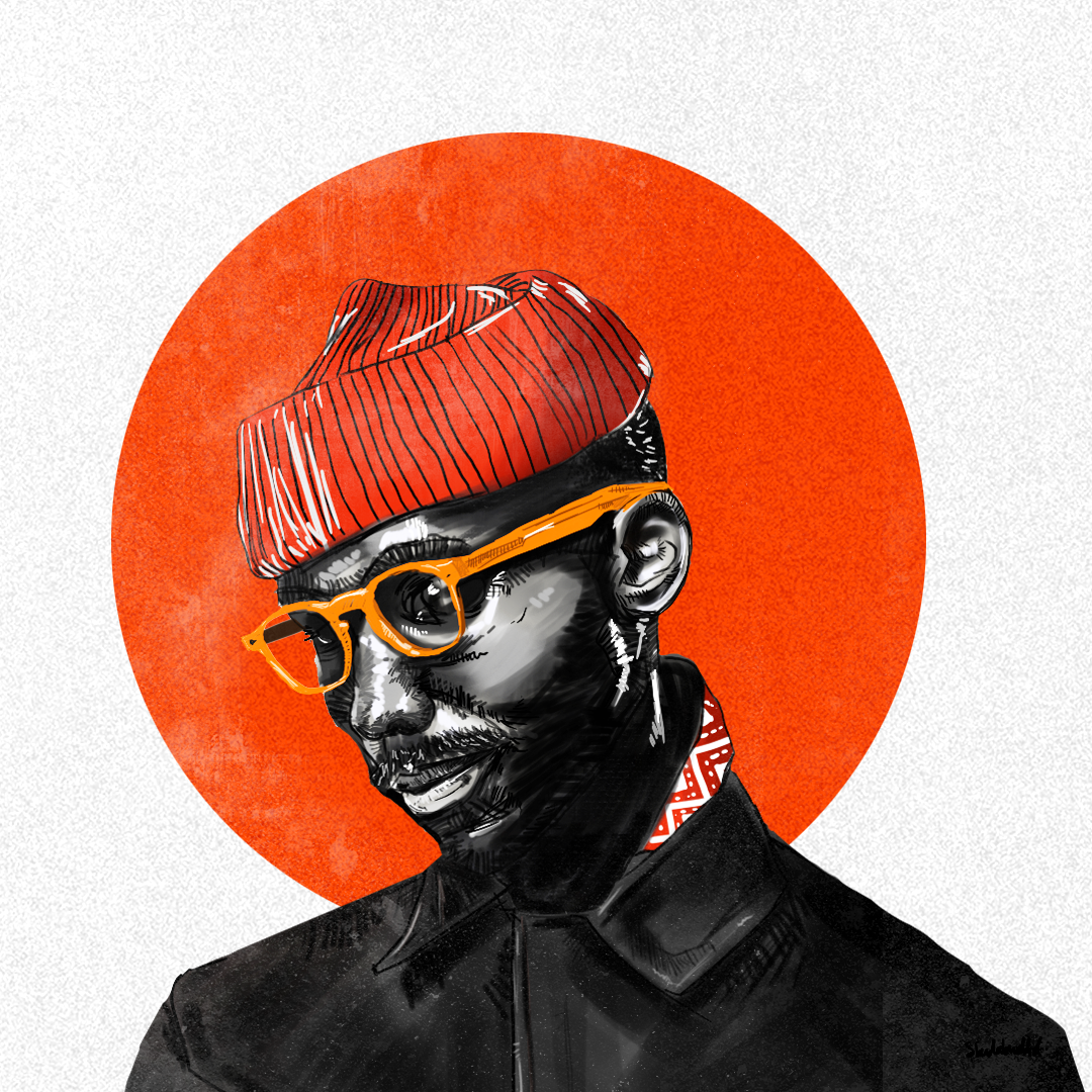 Illustrated portrait with orange sun and red hat