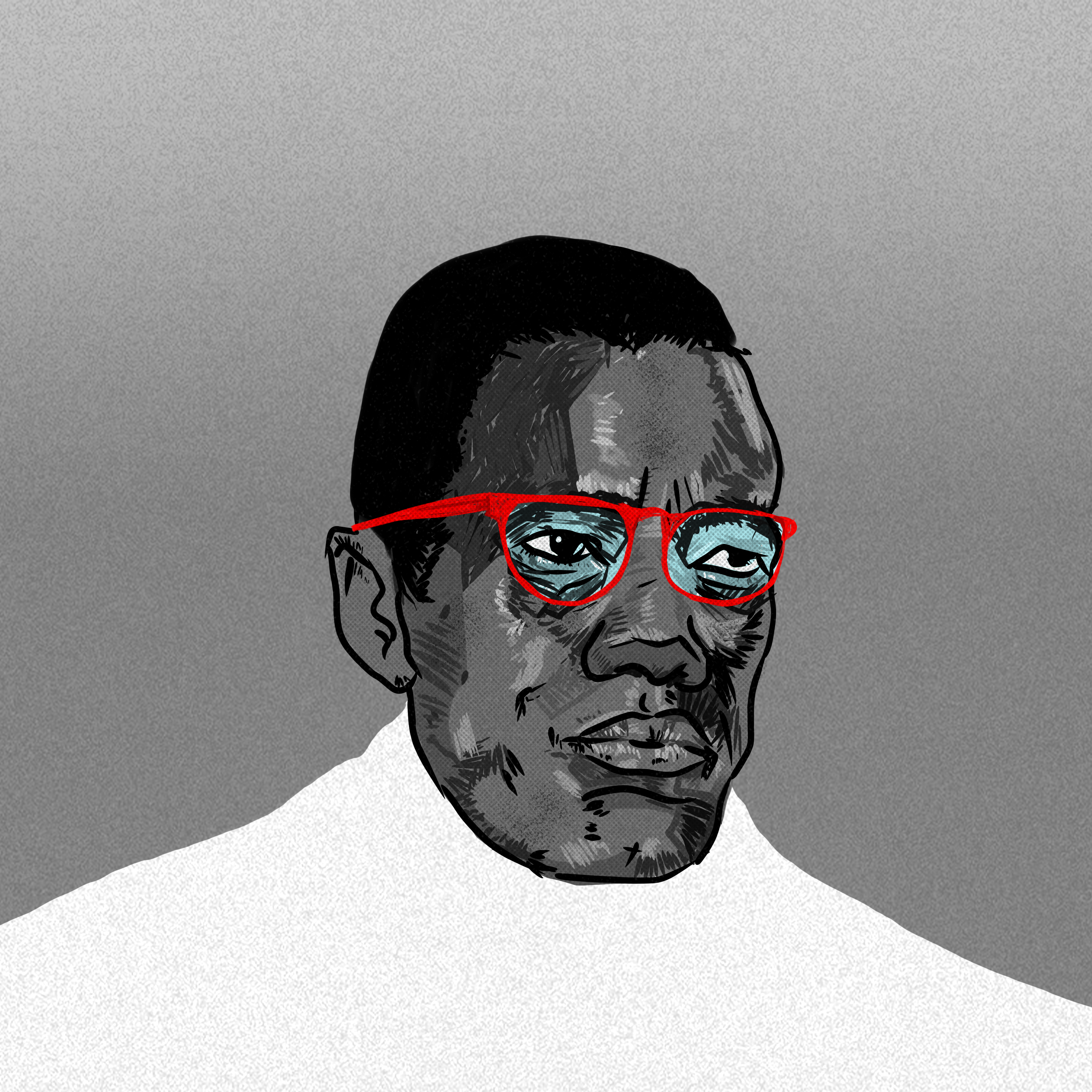 Illustrated portrait with red glasses on a grey background