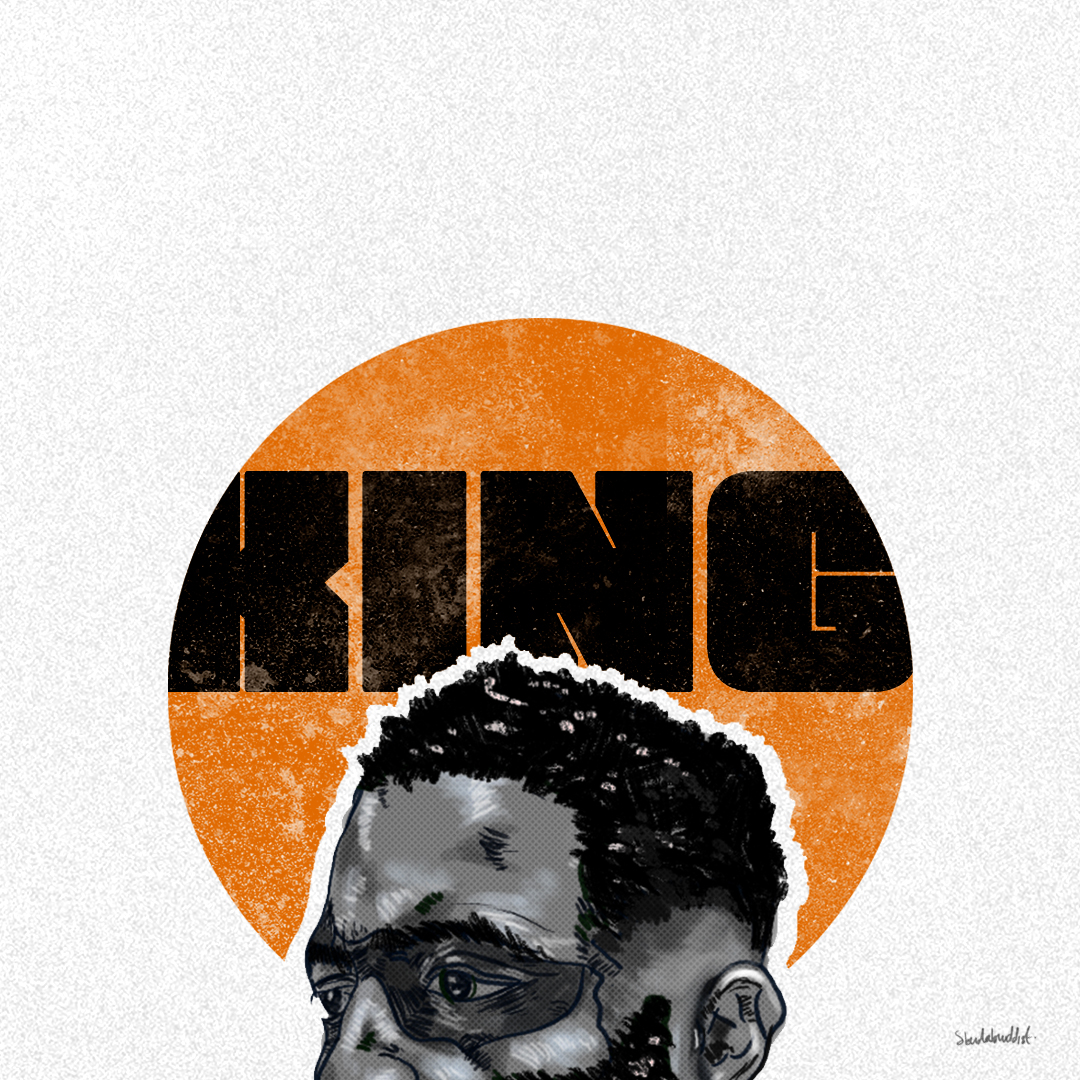 Illustrated portrait with orange sun and the word King