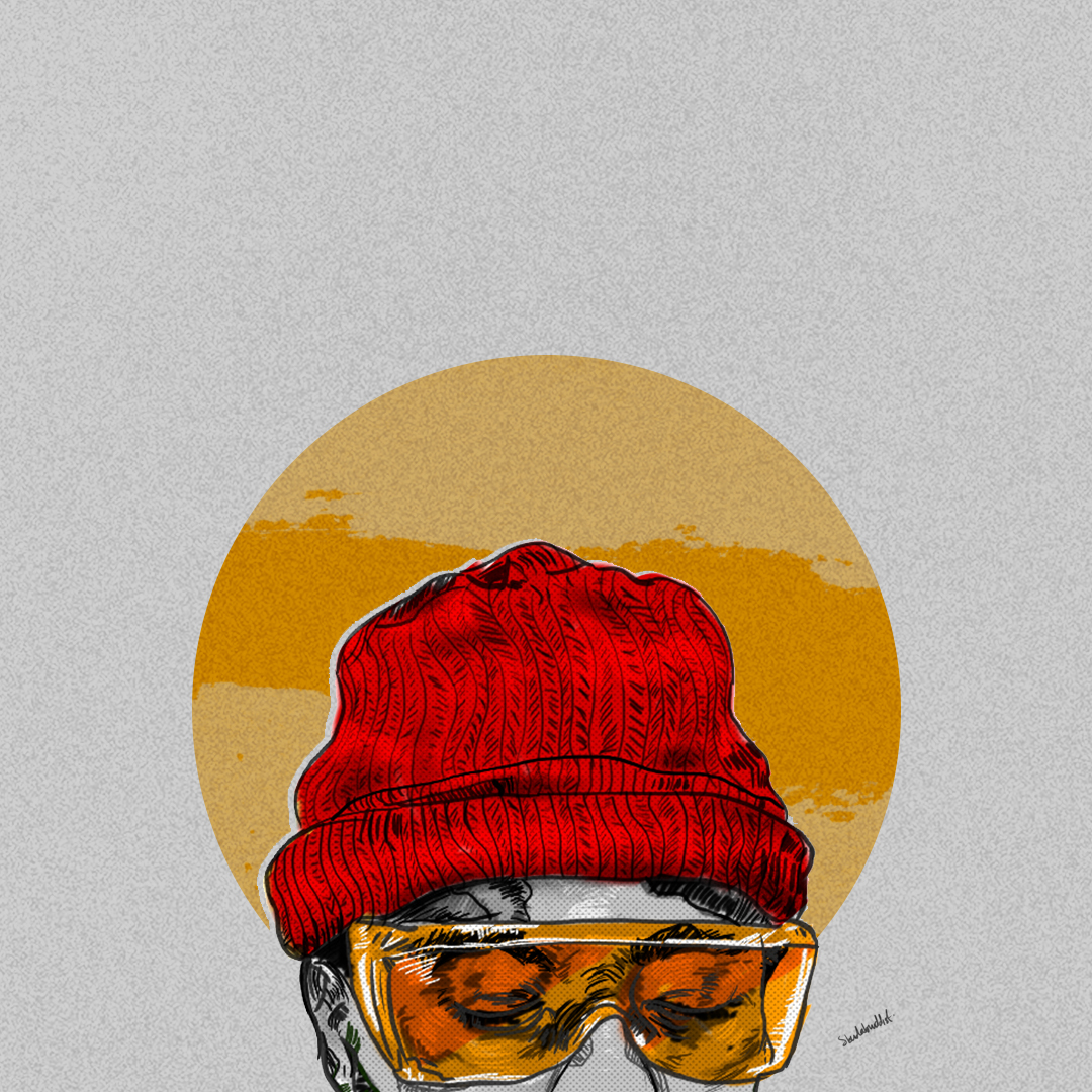 Illustrated portrait with red hat and golden glasses